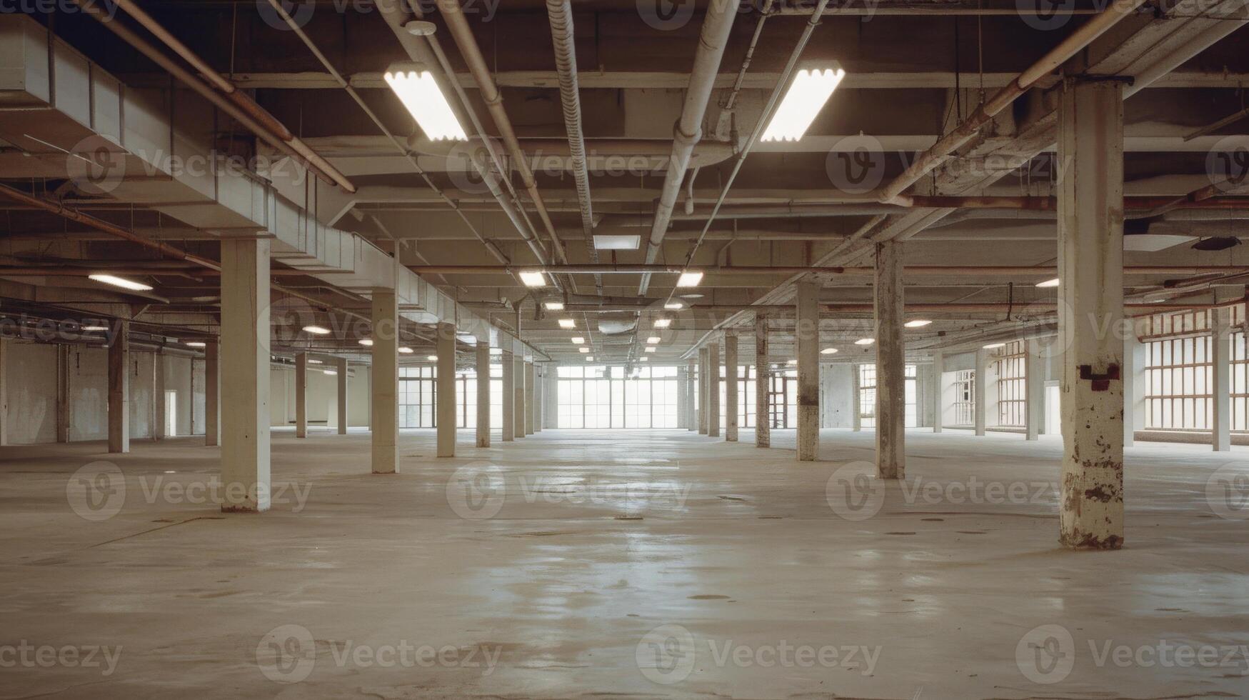An empty industrial space with concrete floors and a grid of white columns photo