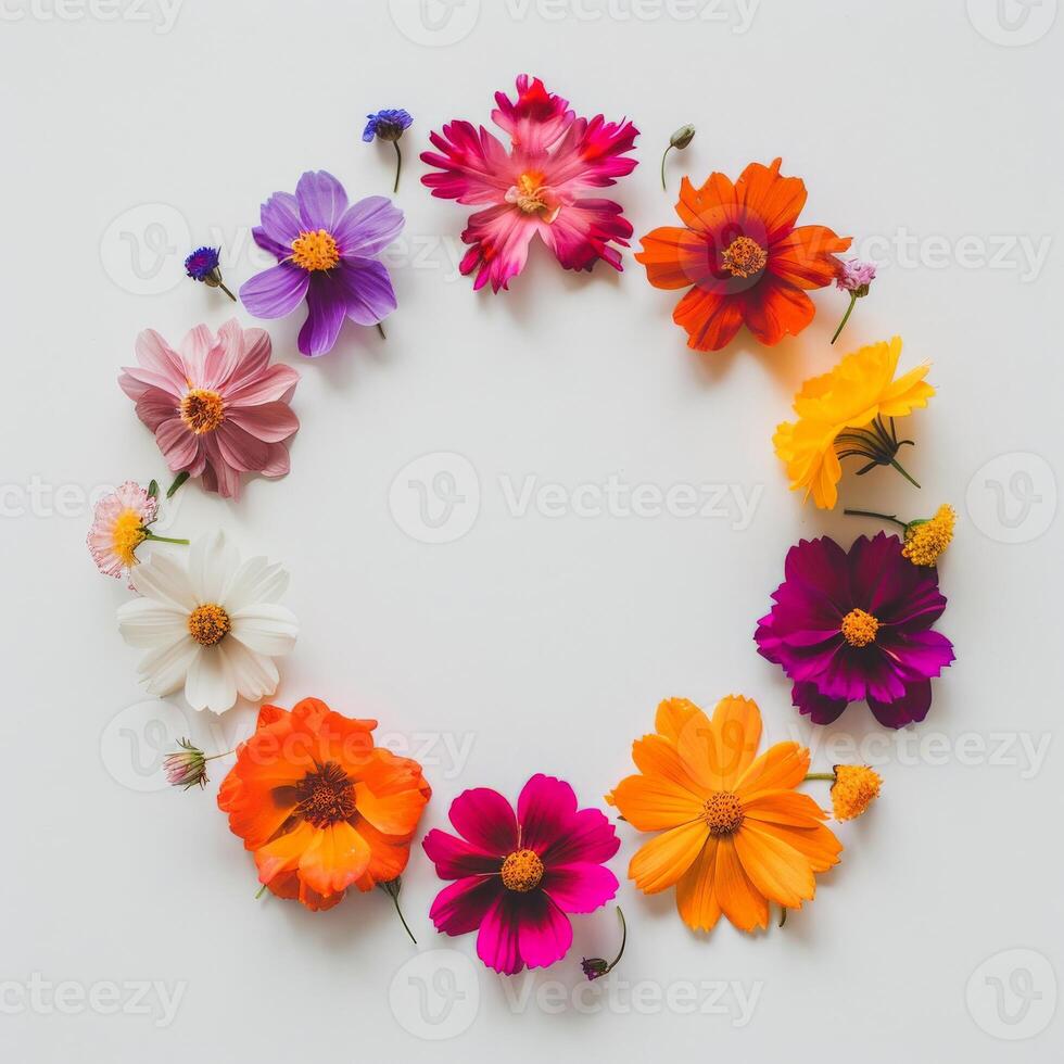 A circle of vibrant flowers arranged on a stark white background photo