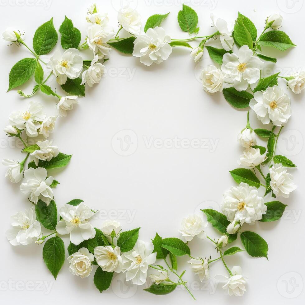 A frame of delicate white flowers arranged on a pure white background photo