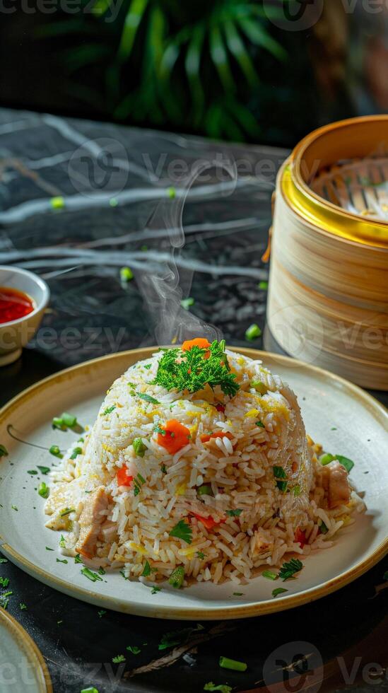A plate of fried rice with parsley garnish, steaming on a dark surface photo