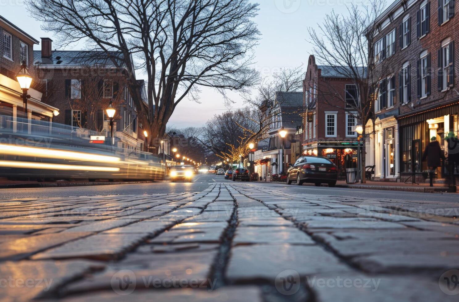 A street lined with old buildings and cobblestones, with cars driving by at dusk photo