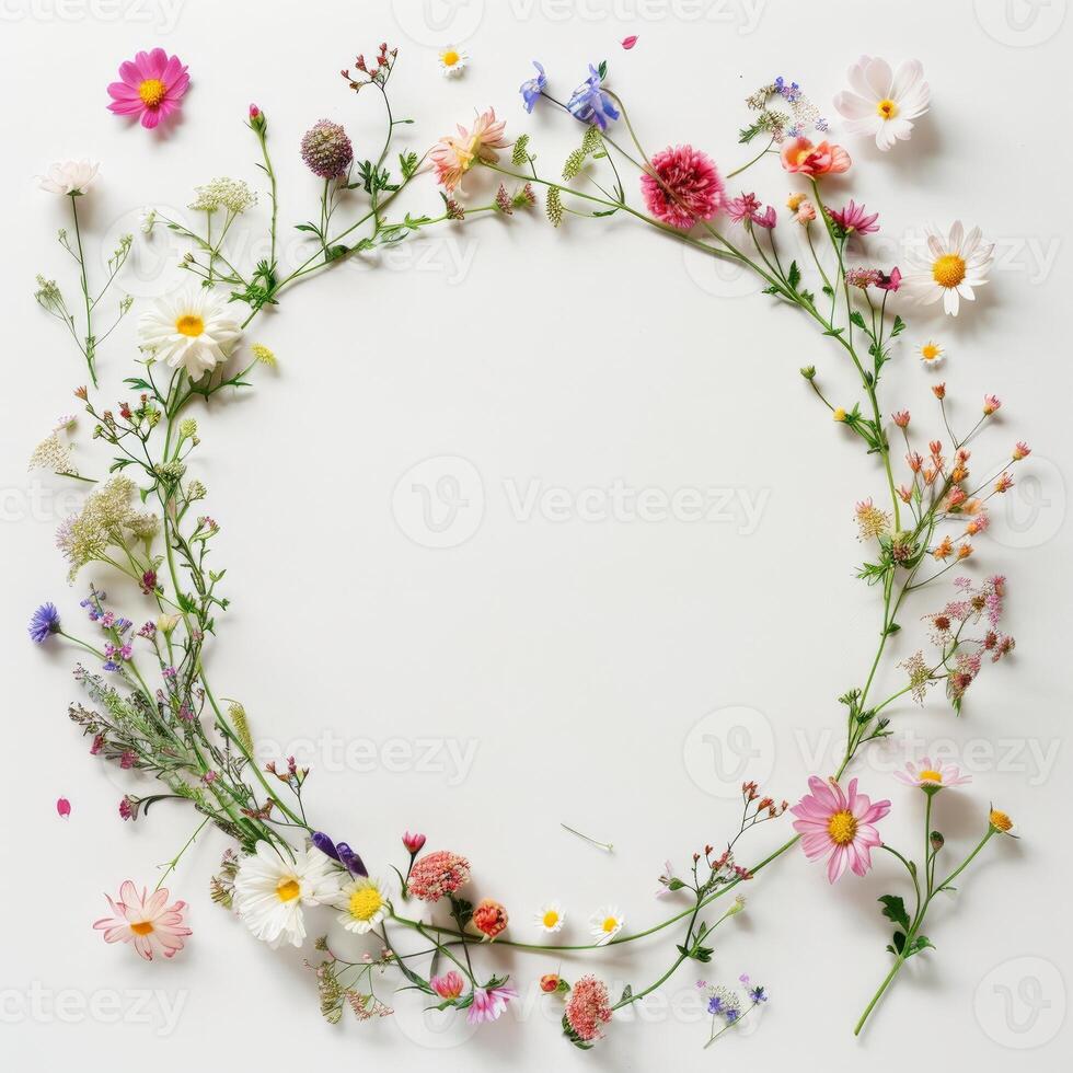 A circular frame of colorful wildflowers arranged on a white background photo
