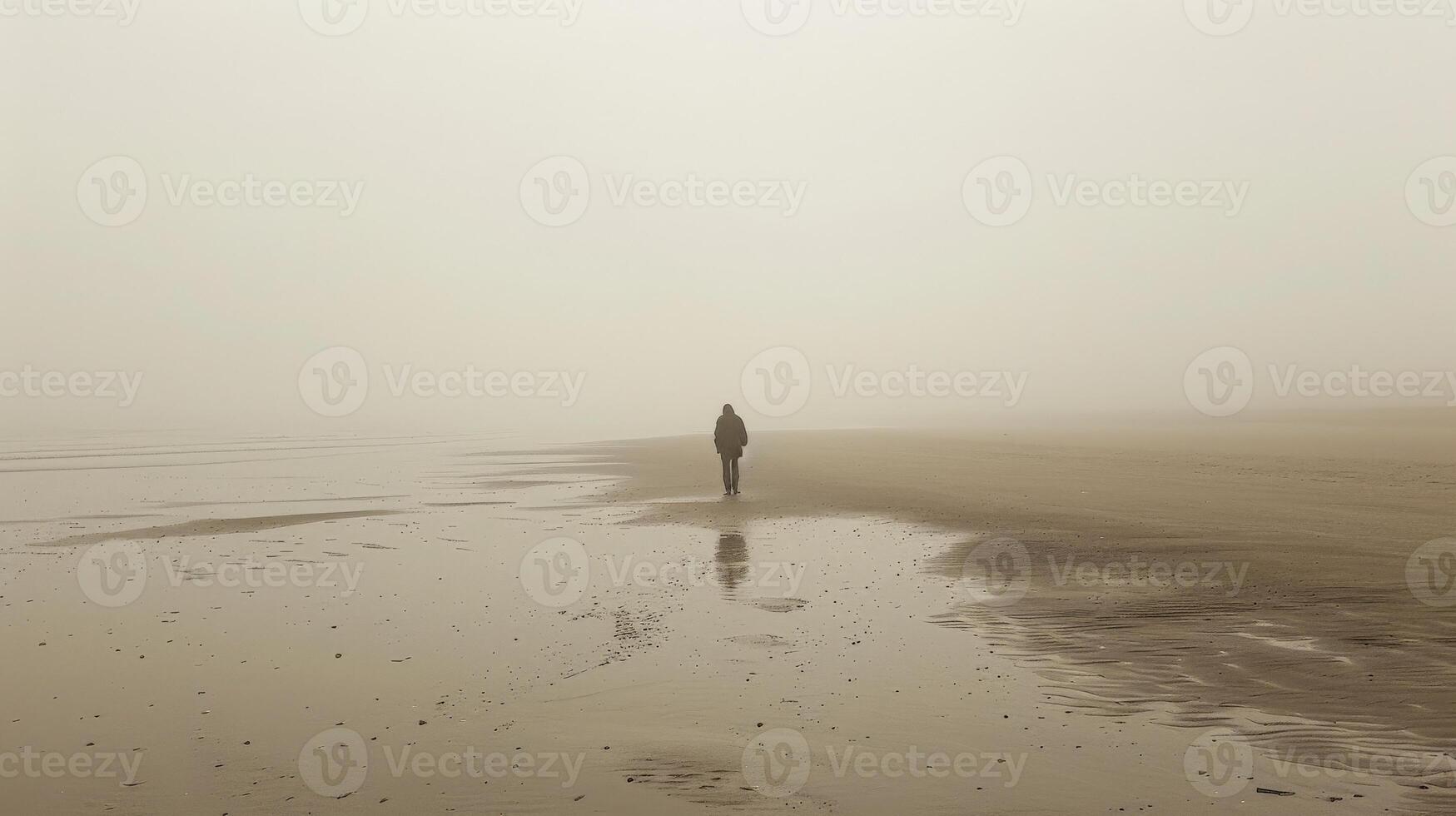 A person walks on a sandy beach covered in fog photo