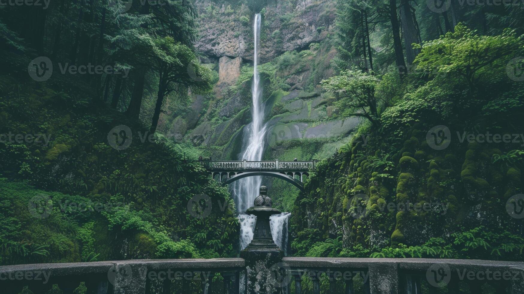 A view of a waterfall cascading through a stone arch in a lush forest photo