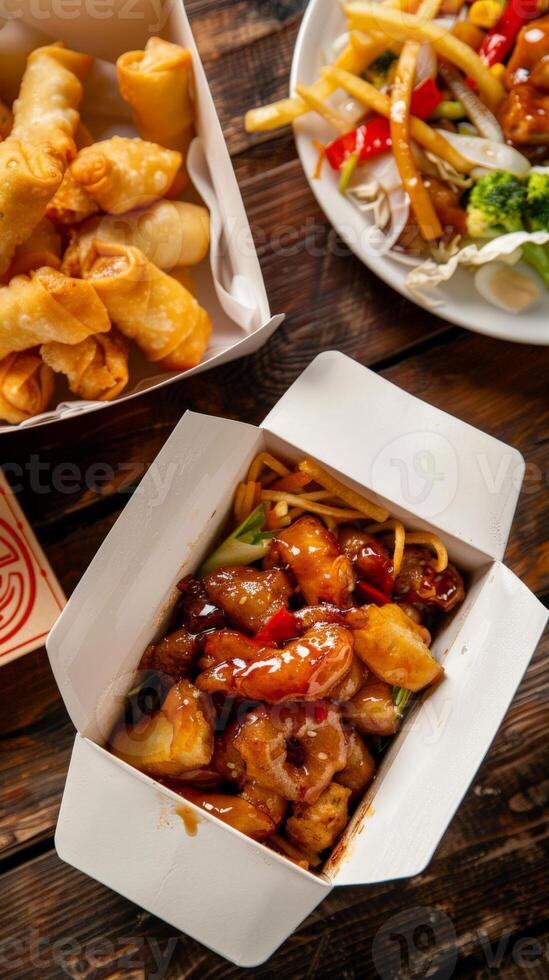 Chinese food takeout, including spring rolls and sweet and sour chicken photo
