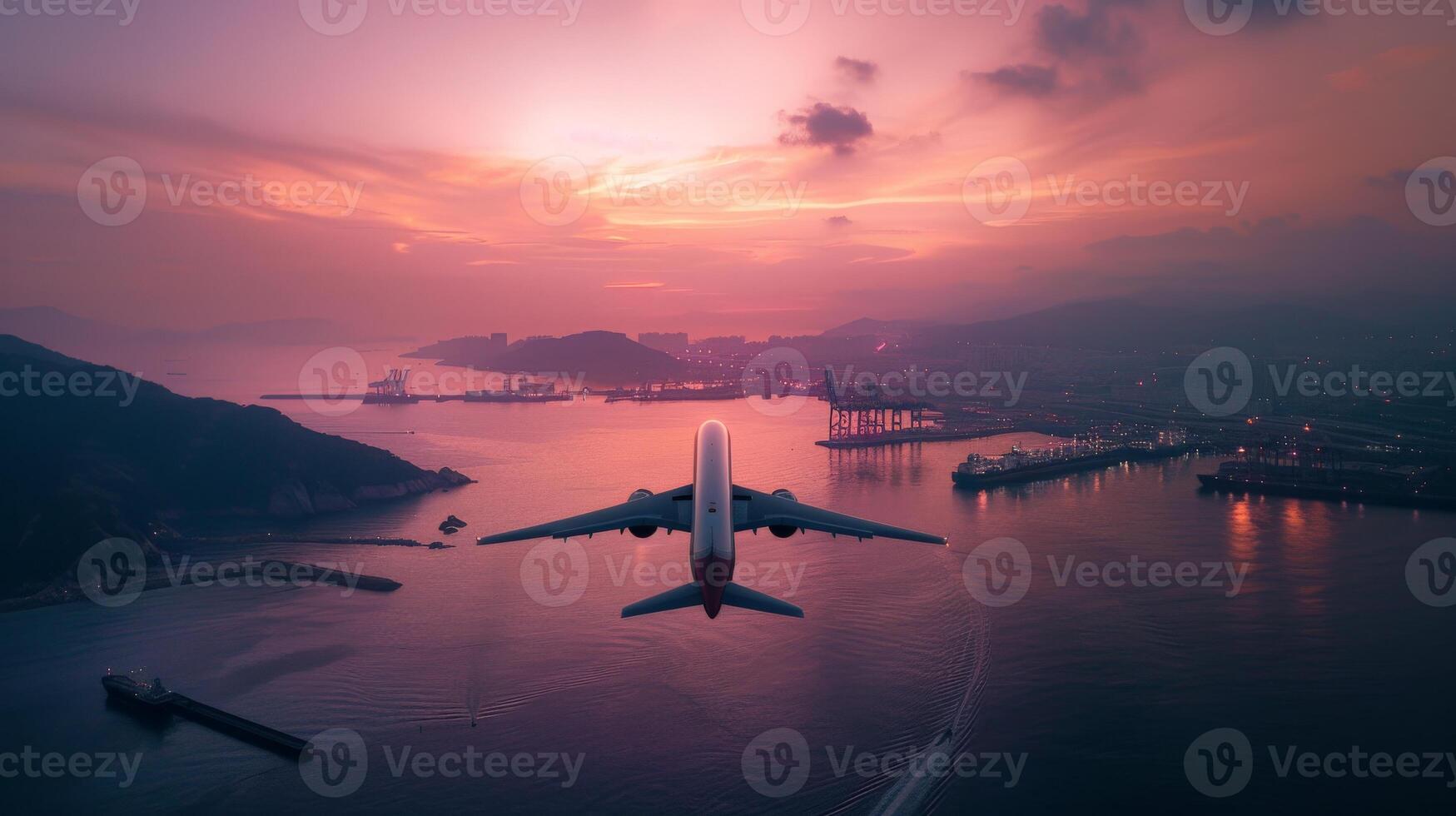 A plane takes off over a city and port at sunset photo