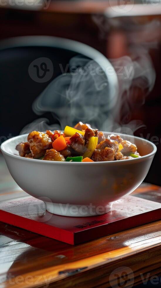 A white bowl of steaming stir-fry rests on a red coaster photo