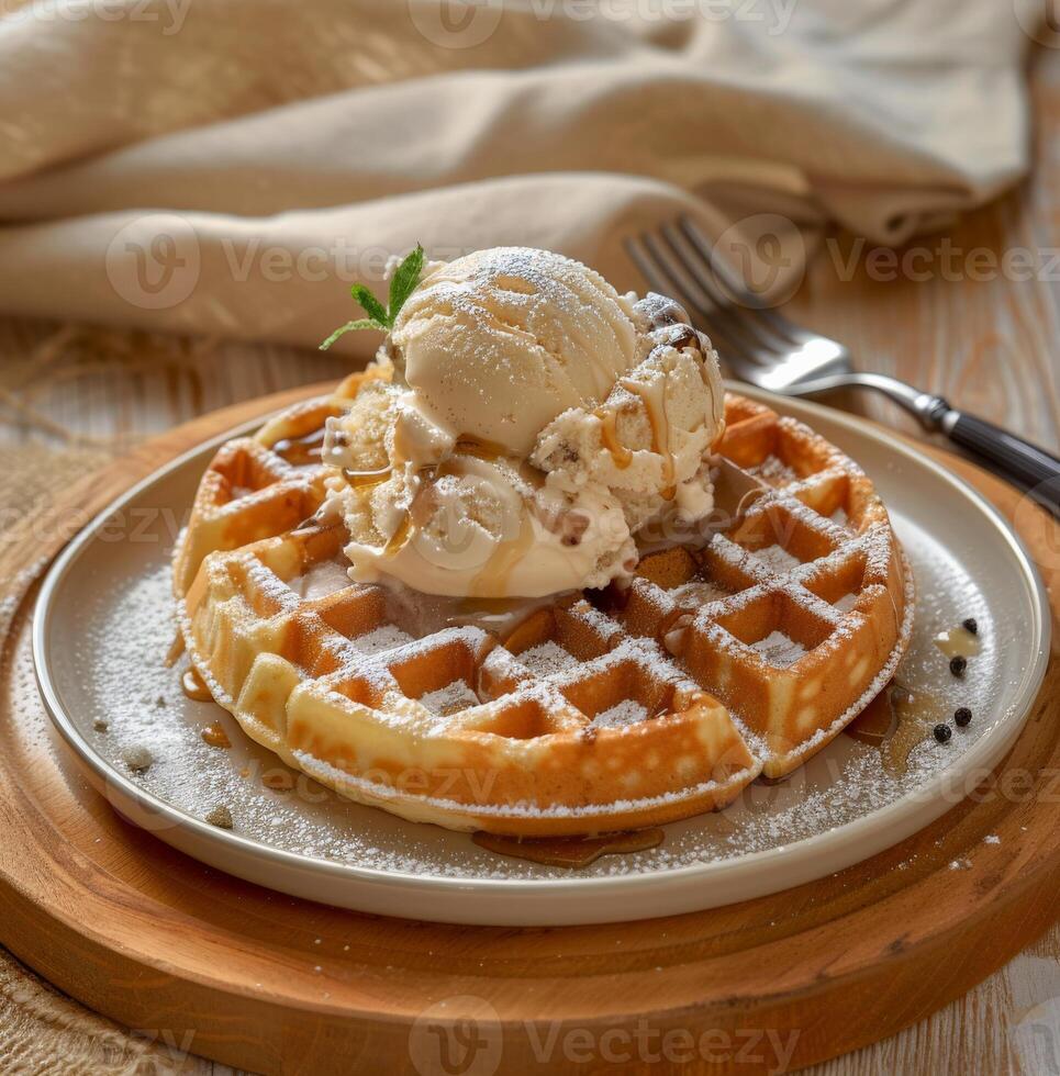 A waffle topped with ice cream and caramel photo