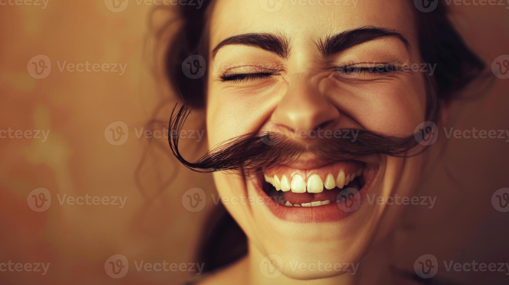 A close-up portrait of a woman laughing with her hair styled into a mustache photo