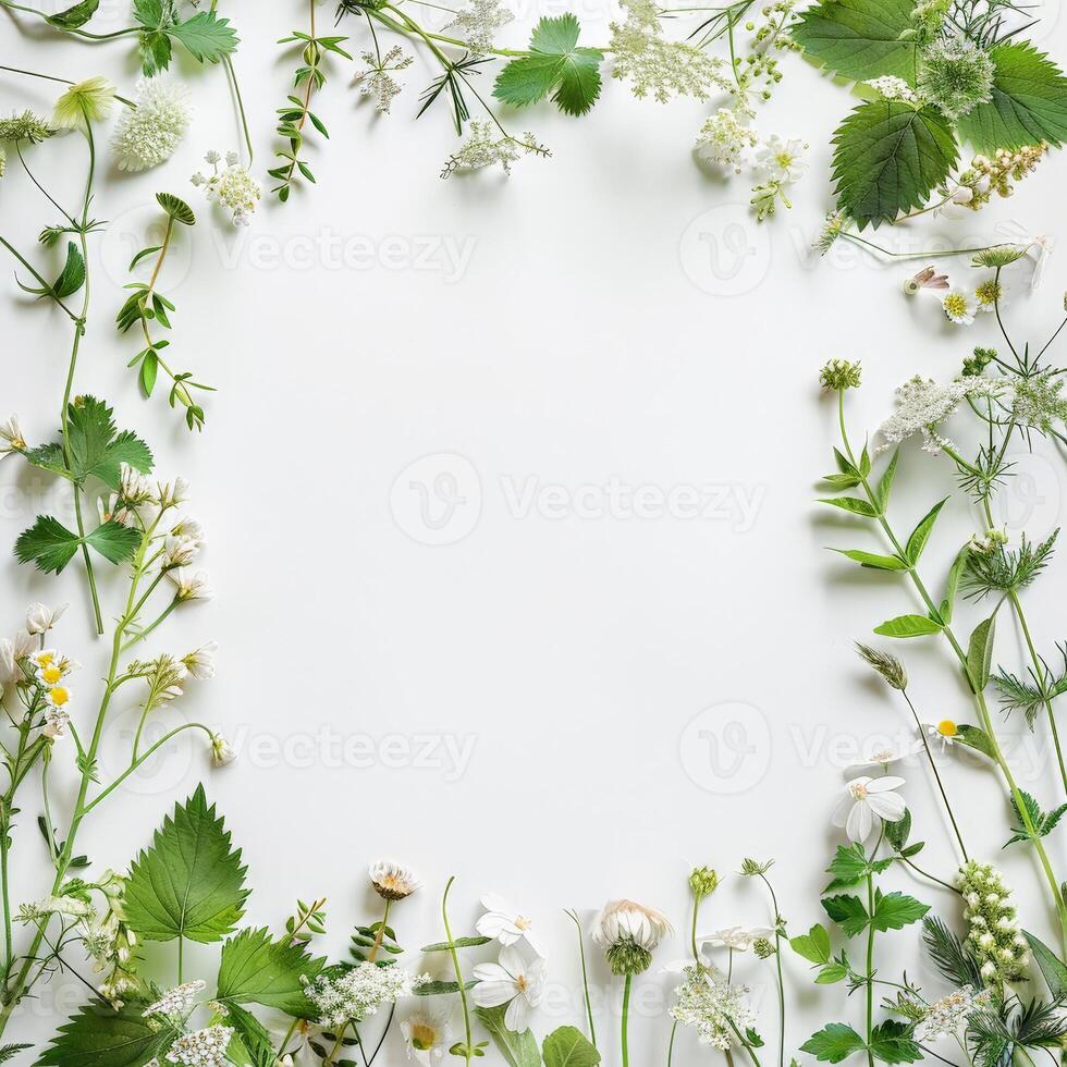 White wildflowers arranged in a frame on a white background photo