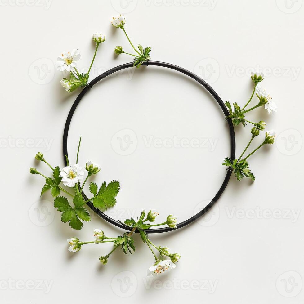 A simple black circle frame is adorned with delicate white blossoms and green leaves photo