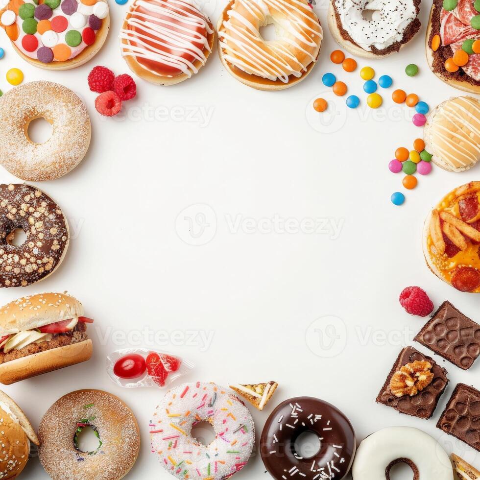 A variety of treats like donuts and candy are arranged in a circle on white photo