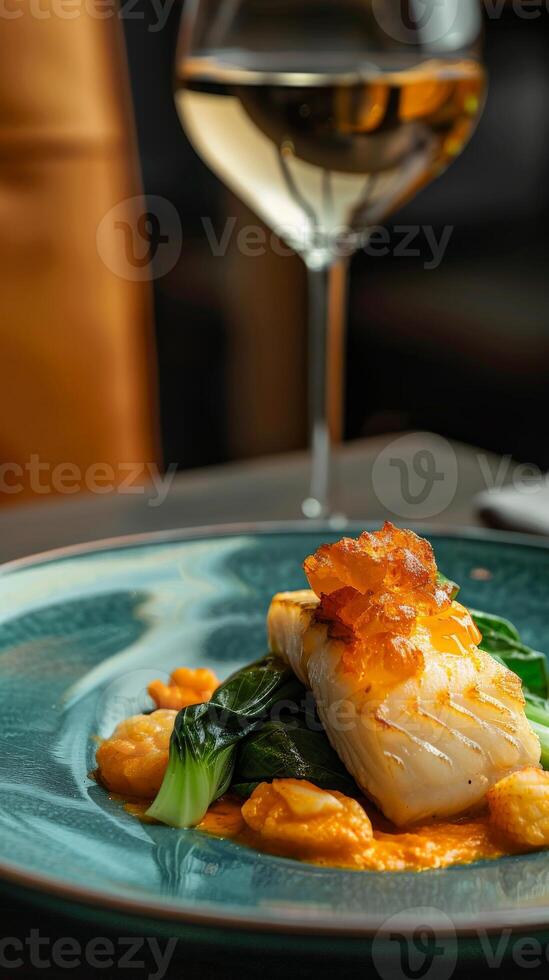 Plated pan-seared cod with bok choy, crispy skin, and sauce photo