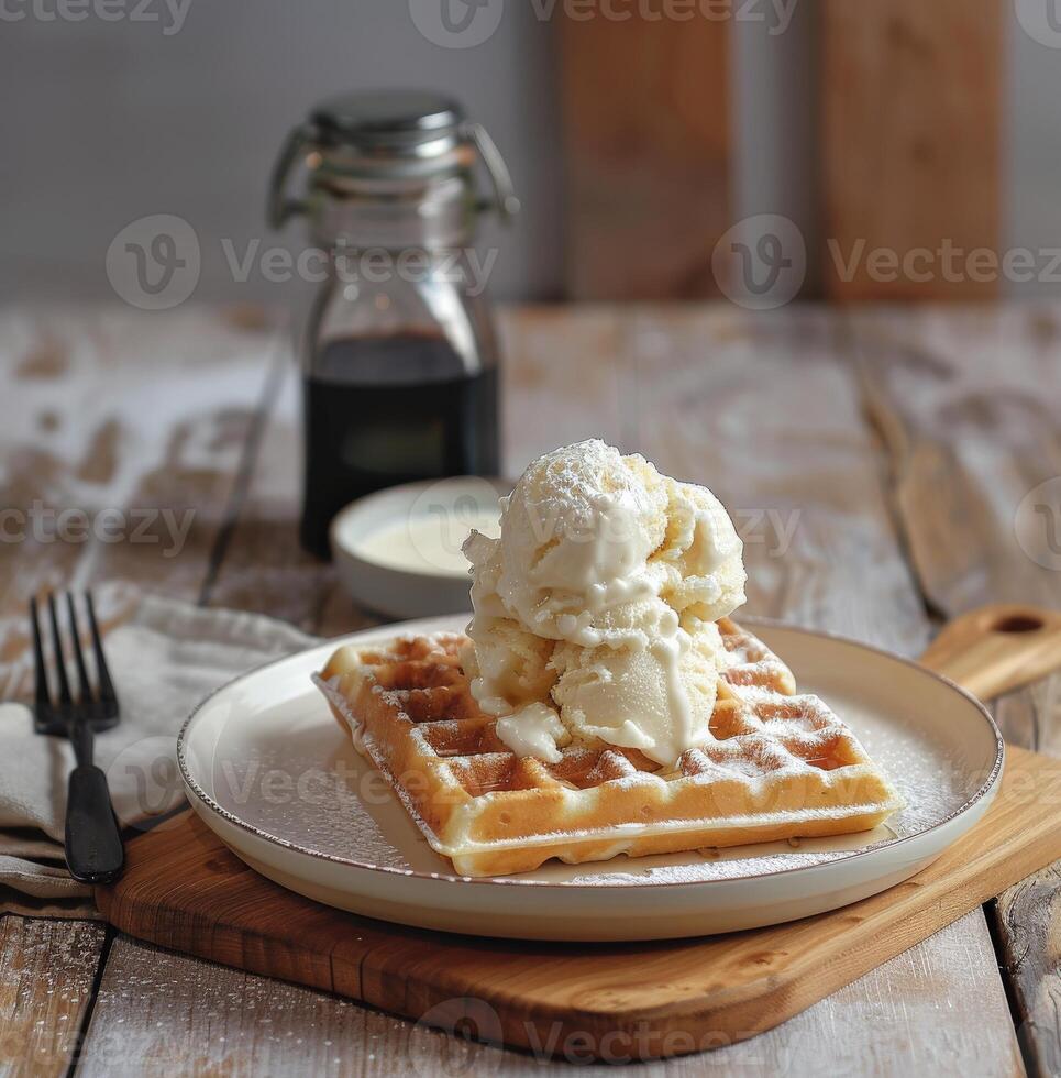 A plate of waffles topped with vanilla ice cream, dusted with powdered sugar photo
