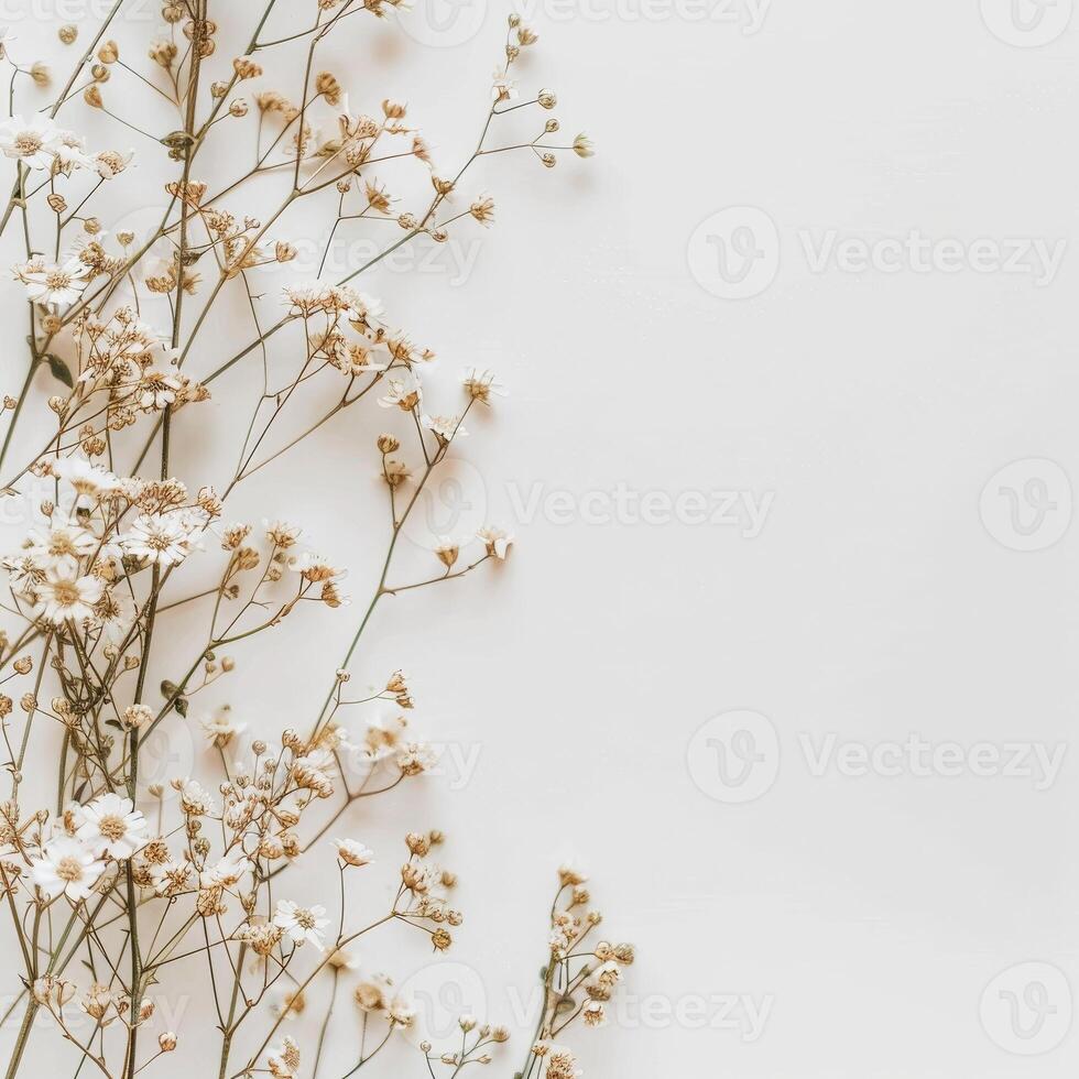 A cluster of white flowers creates a delicate frame against a pristine white backdrop photo