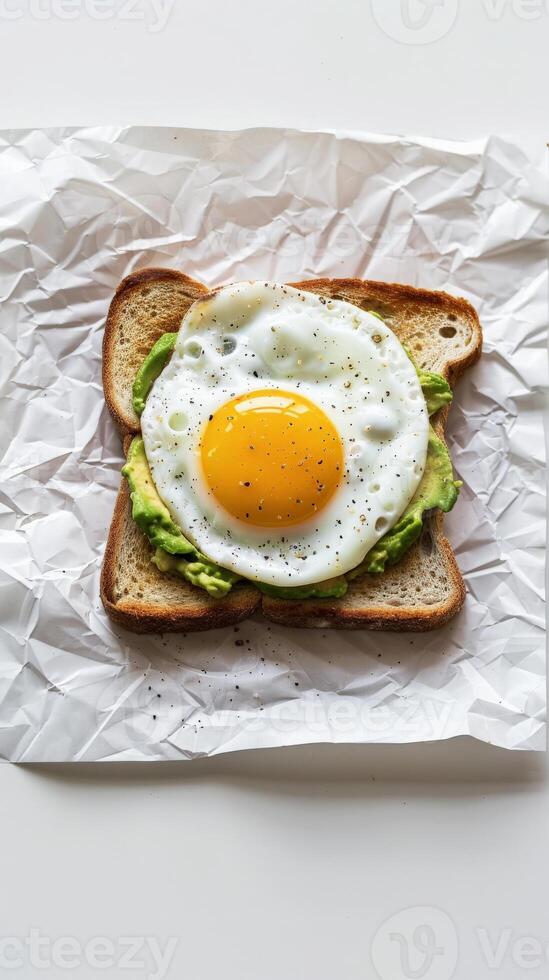 A single slice of avocado toast topped with a sunny-side up egg photo