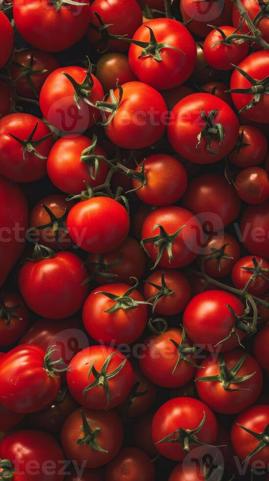 A vibrant close-up of fresh, red tomatoes arranged in a captivating display photo