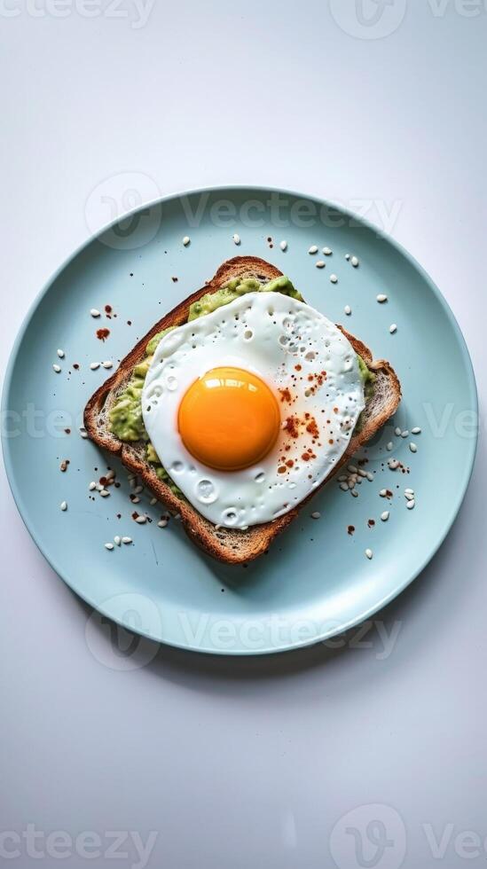 A perfectly cooked egg sits atop avocado toast on a blue plate photo
