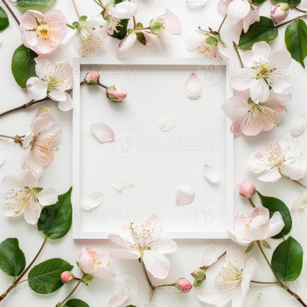 A white frame surrounded by delicate pink blossoms and petals on a white background photo