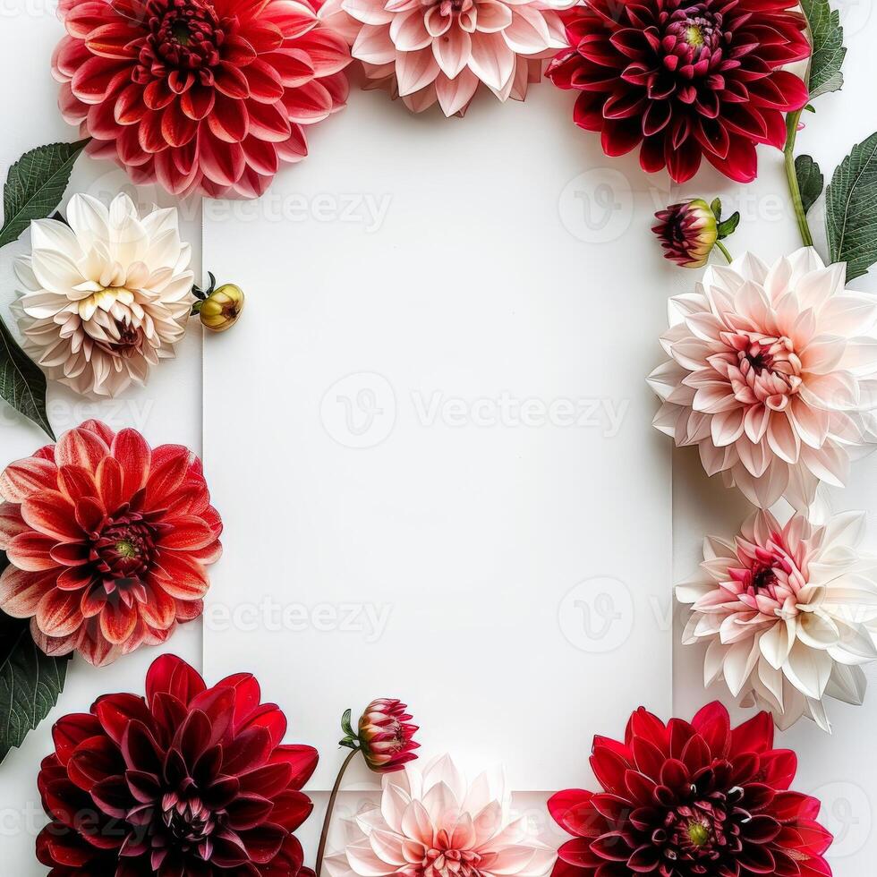 Dahlia flowers in various shades of pink and red surround a blank white space photo
