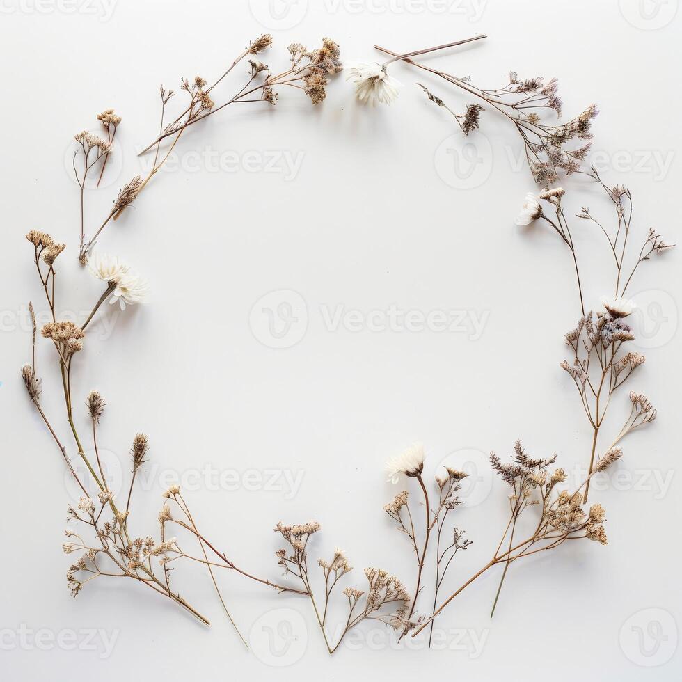 A minimalist arrangement of dried flowers in a circular frame photo