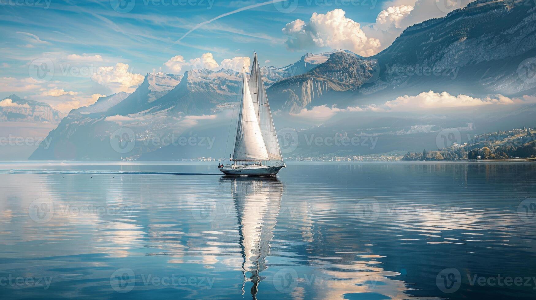 A sailboat glides across the serene lake with mountains in the background photo