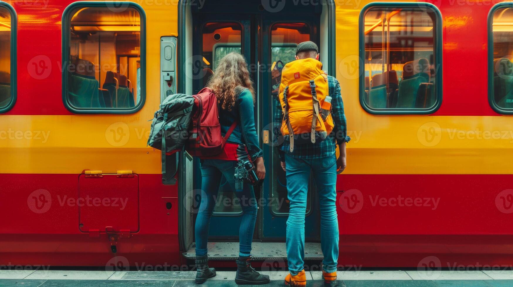 Two travelers stand by an open train door, ready for their adventure photo