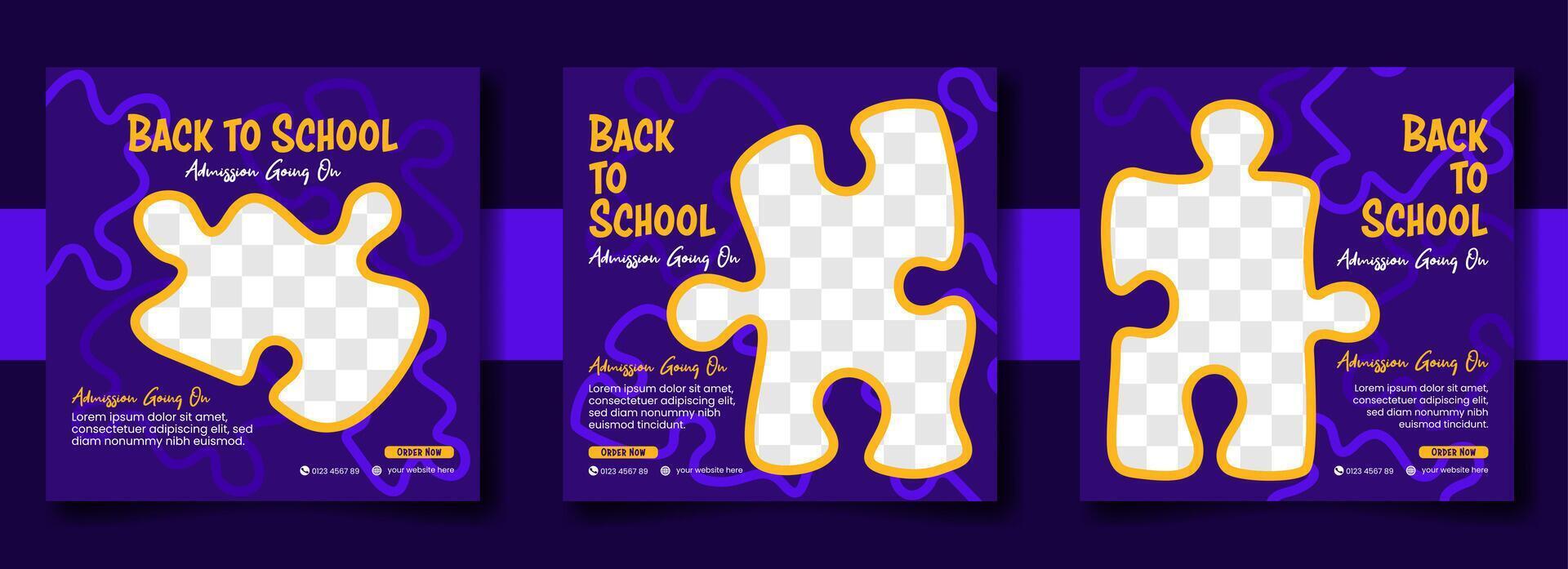 back to school social media post template with purple puzzle photo frame vector