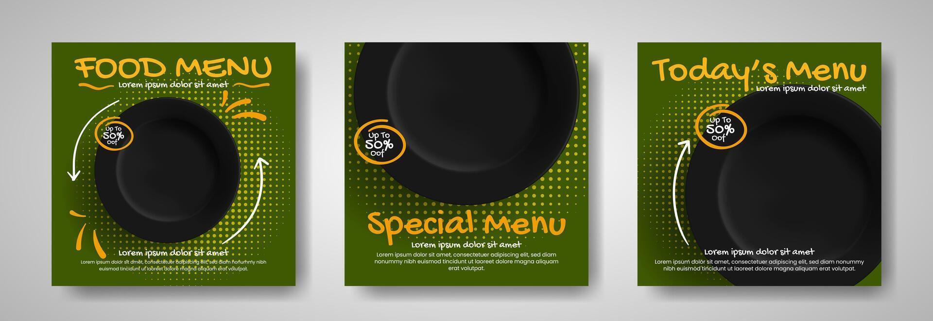 Fast food restaurant social media post or web banner template design. illustration with black plate. vector