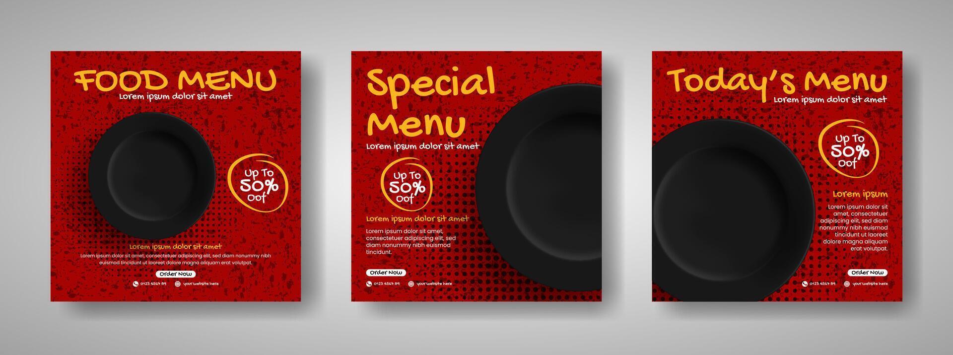 Fast food restaurant social media post or web banner template design. illustration with black plate. vector