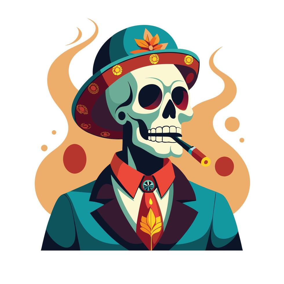 skull with a cigar cartoon illustration vector