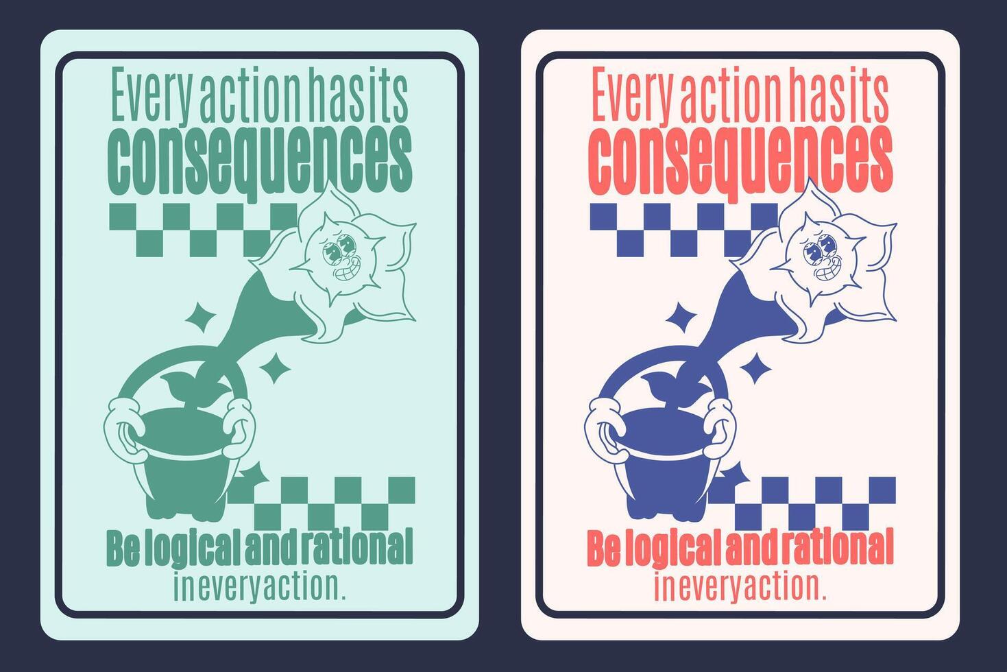 Retro cartoon illustration Flower mascot breaking free from pot, unaware of consequences. Perfect for self-awareness reminder poster emphasizing importance of calculating actions and outcomes. vector