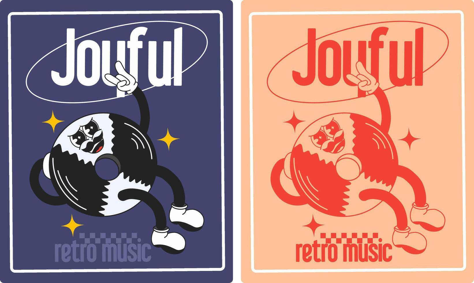 cartoon label set features a fun and groovy vintage black cassette tape mascot. It's perfect for use on article labels, logos, wall posters, and other accessories. The labels are easy to print and use vector