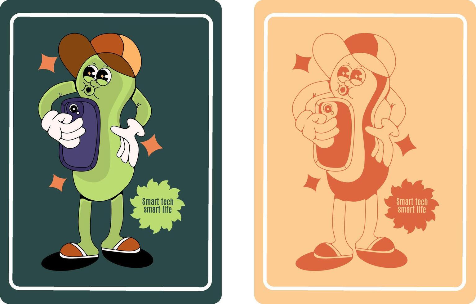 Retro Cartoon Pickle Mascot Playing Smartphone Set perfect for a variety of uses, including logo labels, decorative wall posters, educational posters about responsible technology use, and other access vector