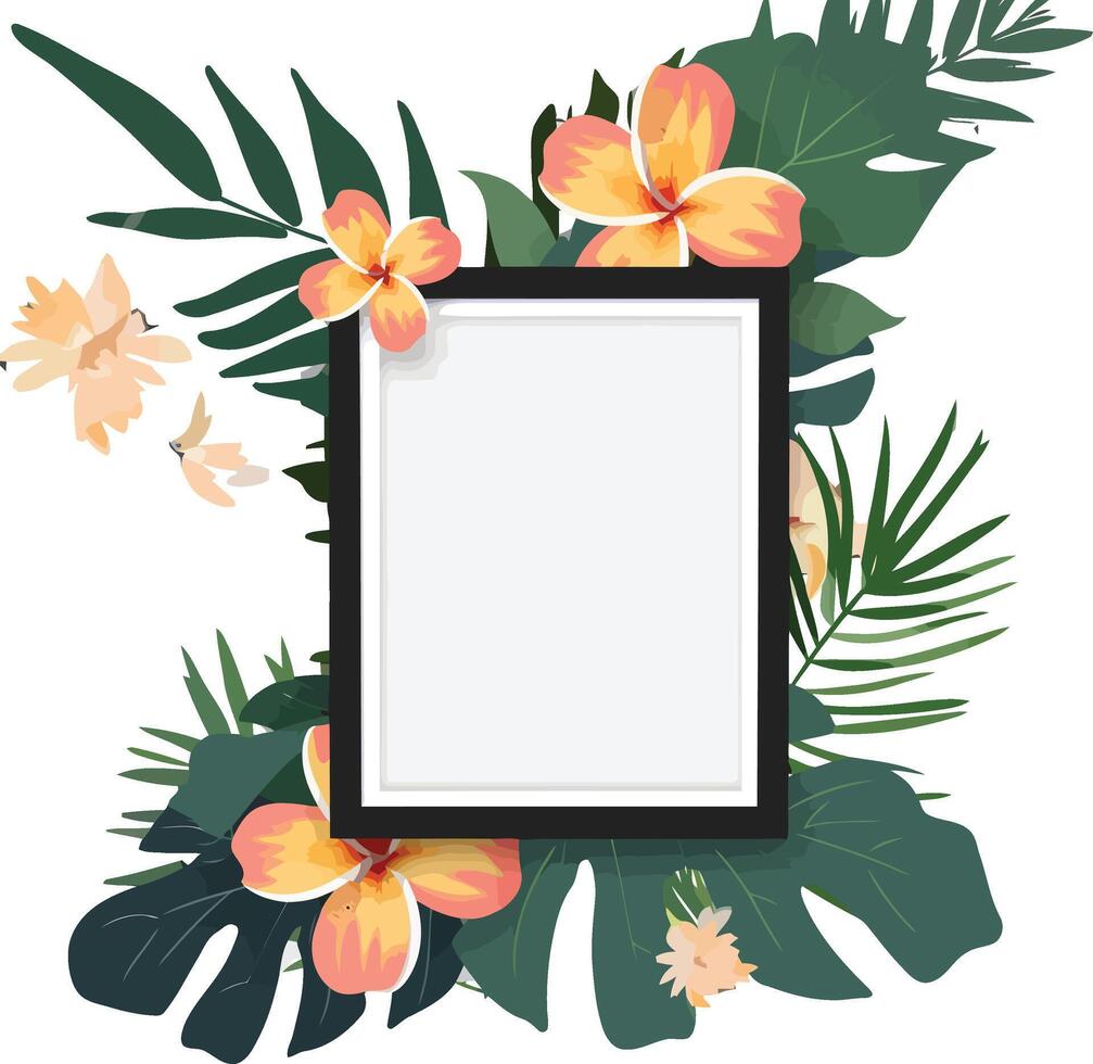 Tropical Green Leaves and Flowers Frame Layout with Ample Copy Space on Aqua Blue Background, Ideal for Invitations, Greetings, and Decorative Designs vector