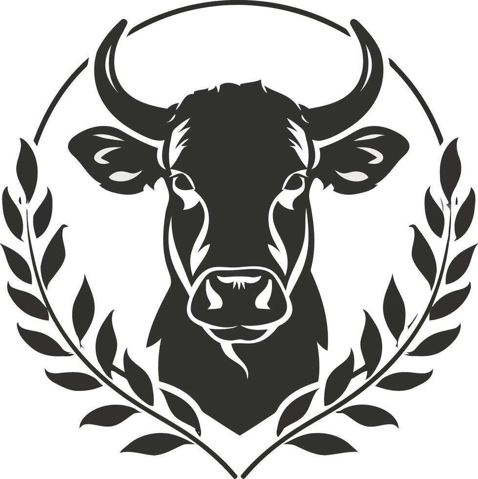 Simple and Minimalistic Logo Design, Black and White Silhouette of Cow Head Inside Laurel Wreath Illustration on Solid Background, Ideal for Branding and Design Projects vector