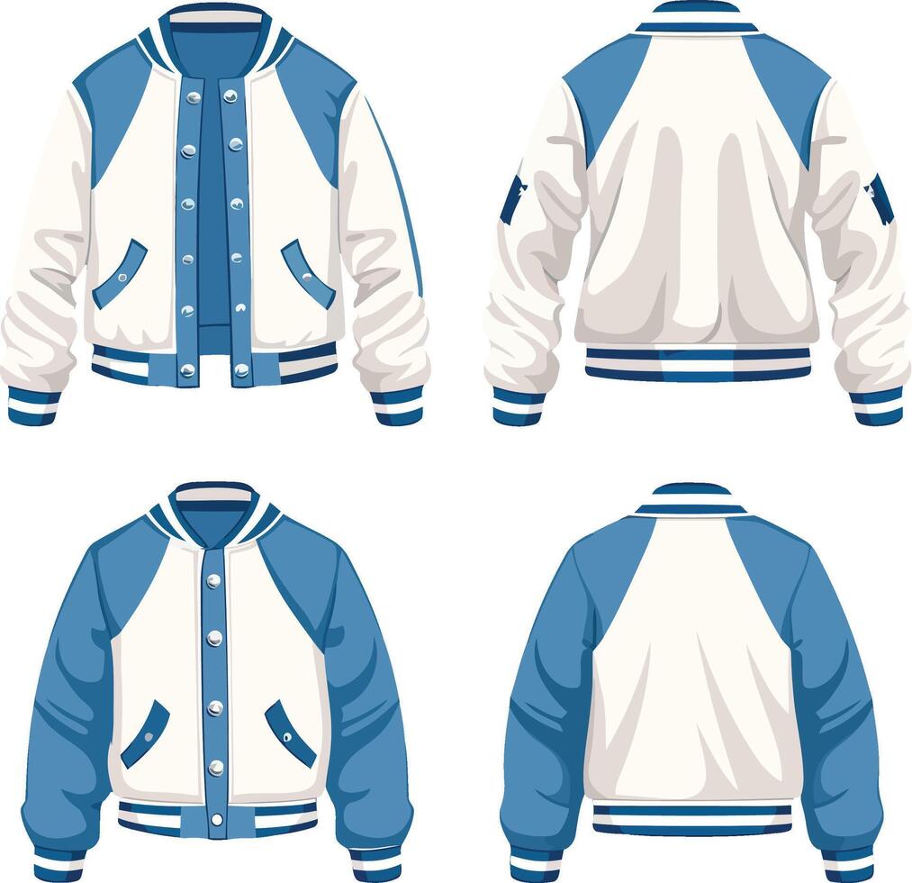 Illustration of Blue and White Baseball Jacket, Front and Back Views vector