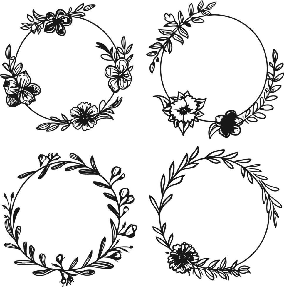 Elegant Black and White Circular Vintage Frame Set with Intricate Floral and Leaf Decorations, Perfect for Classic Design Projects vector