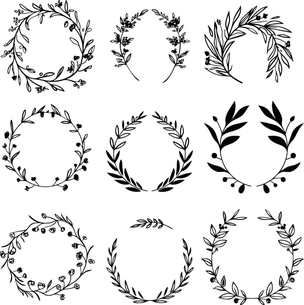 Hand-Drawn Wreaths, Laurel Lines, and Ornamental Elements Illustration, Simple, Minimalist Flat Style Clip Art Set on White Background vector
