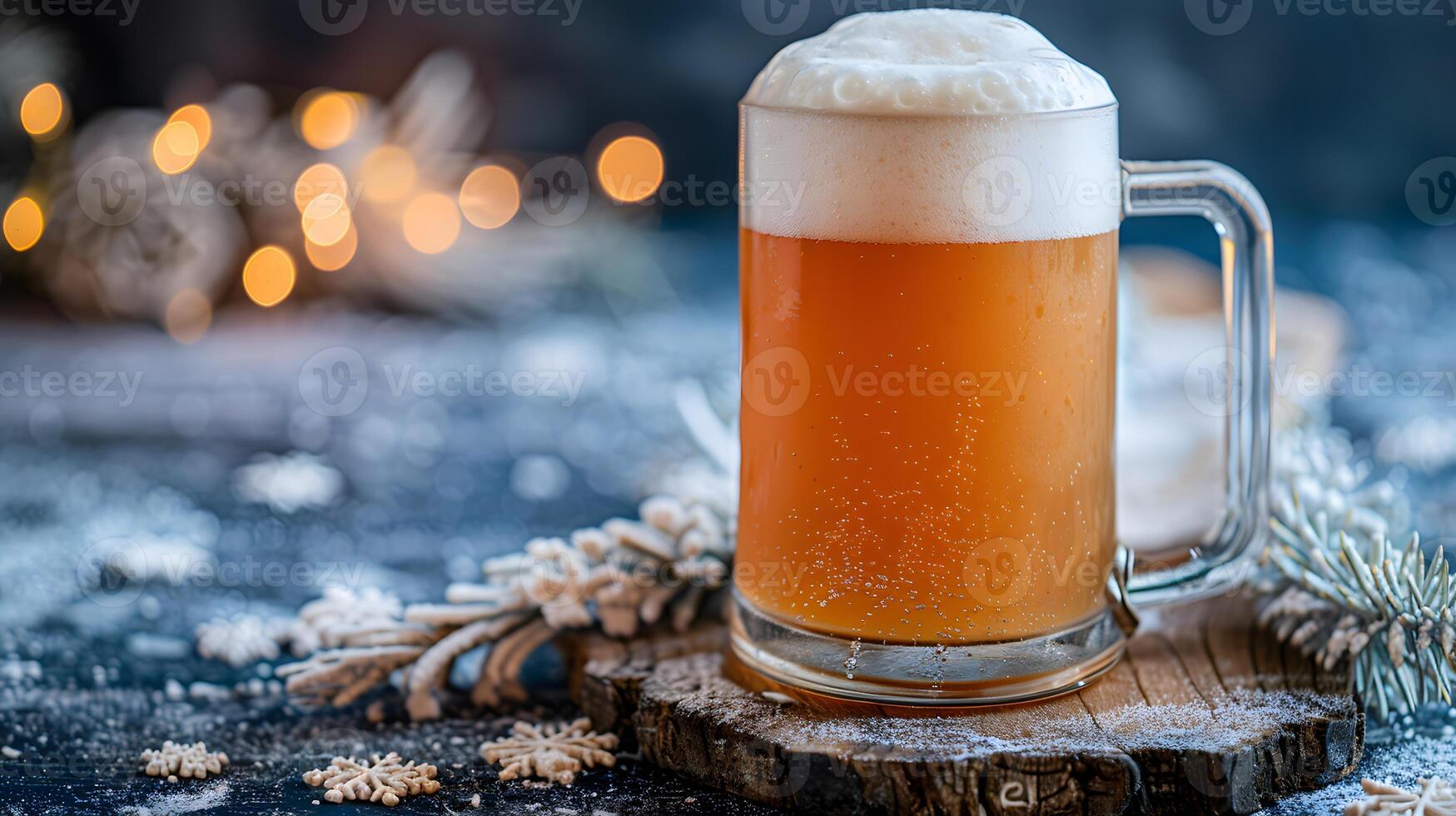 A frosty mug of craft beer with foam overflowing photo