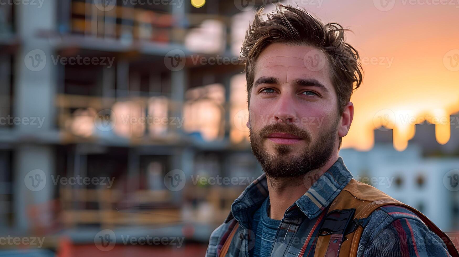 Portrait of a man in front of a skyscraper under construction photo