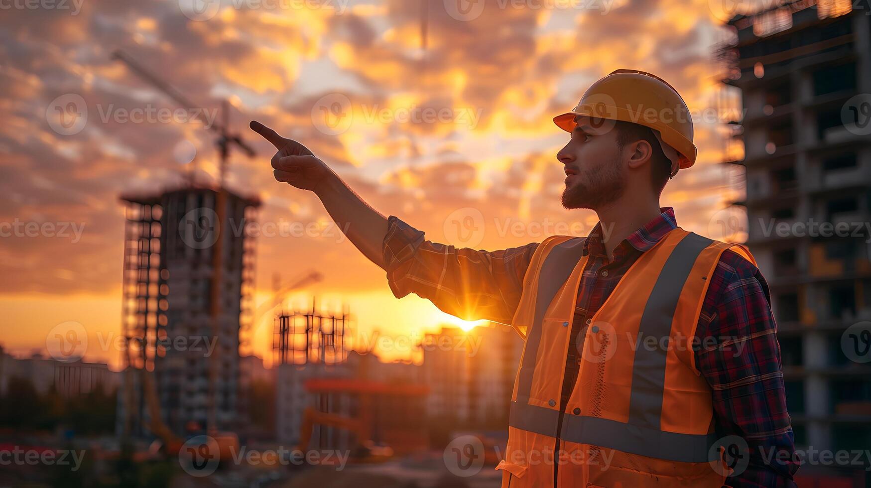 Construction foreman giving instructions, pointing towards a building photo