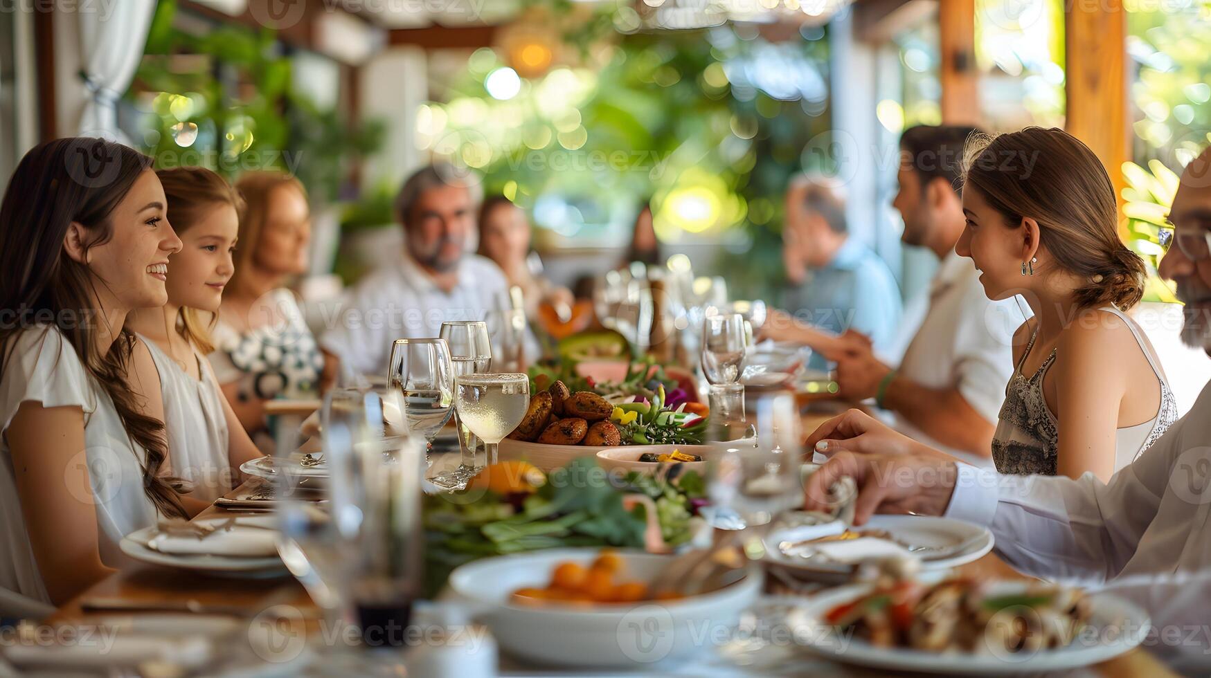A family reunion with multiple generations eating at a long table photo