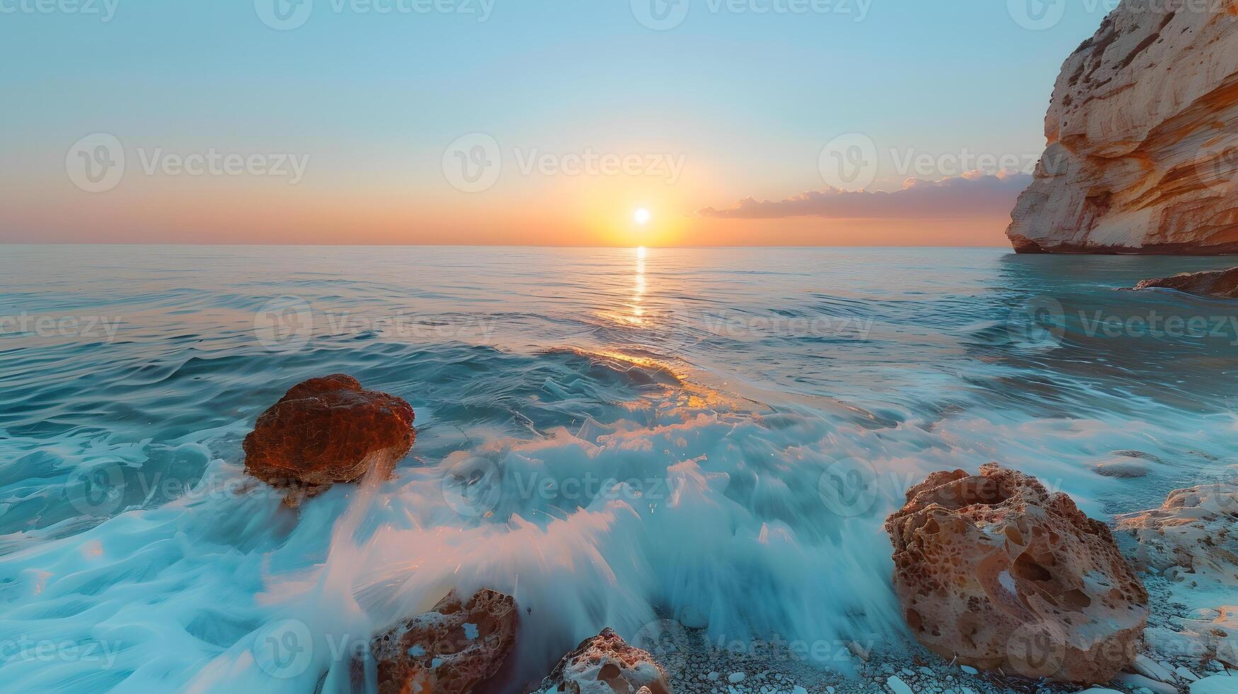 Ocean waves crashing against rocks, smooth gradient from sea to sky photo