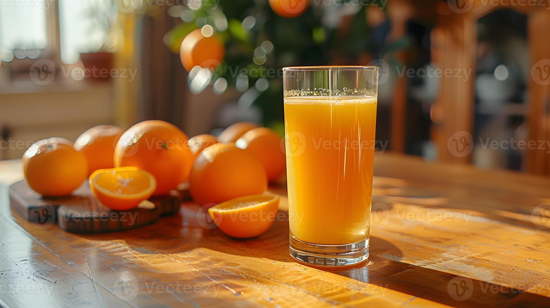 orange juice in a glass with oranges in the background photo