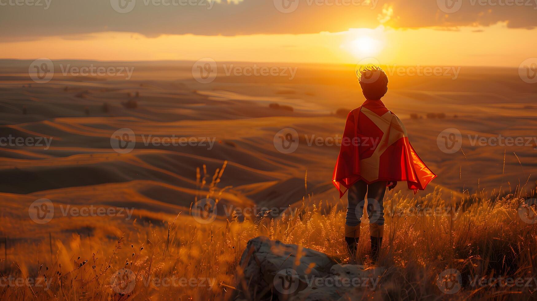 A young boy in a superhero costume, standing on a hill photo