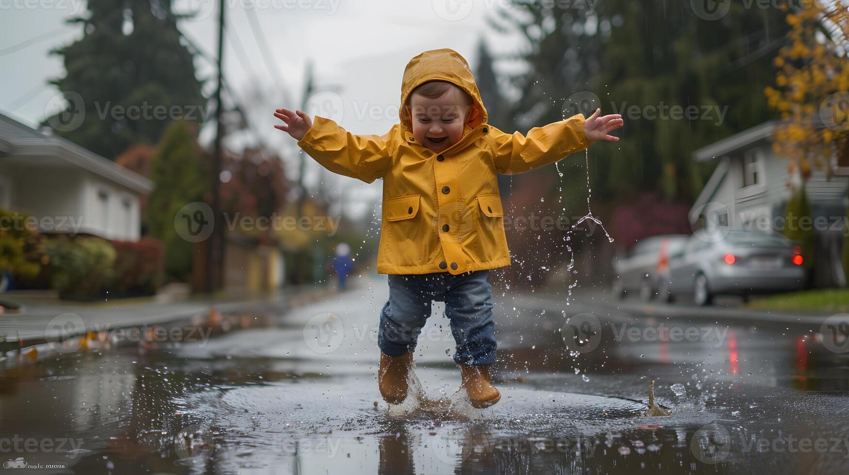 A toddler in a raincoat jumping in puddles photo