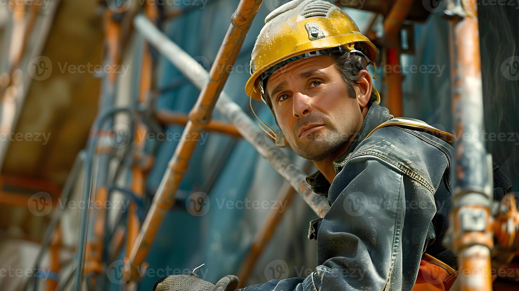 Construction worker climbing a scaffold photo