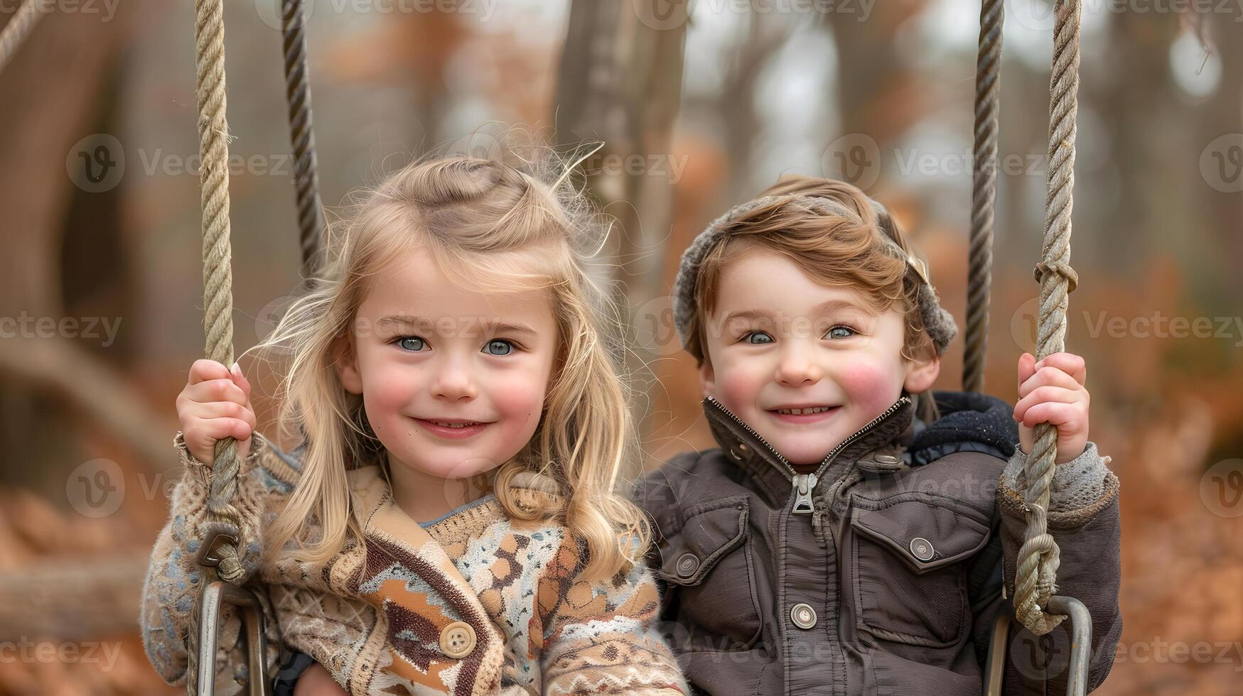 Siblings playing on a swing set photo