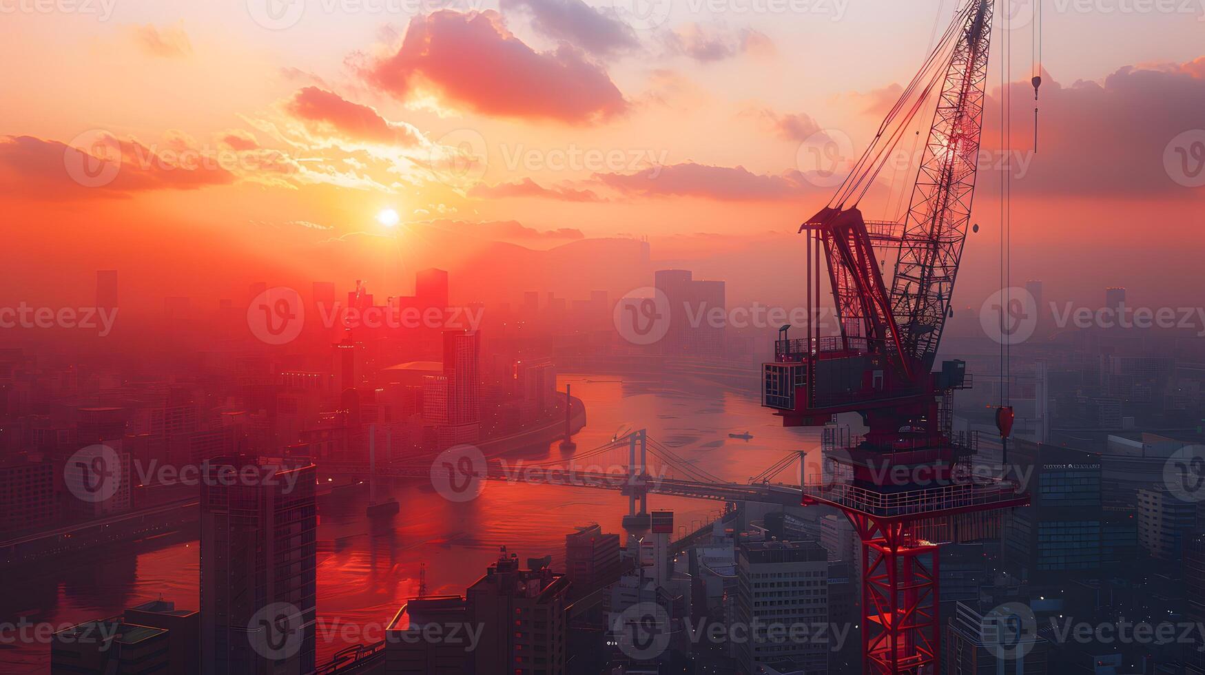 Crane lifting heavy materials, skyline in the background photo